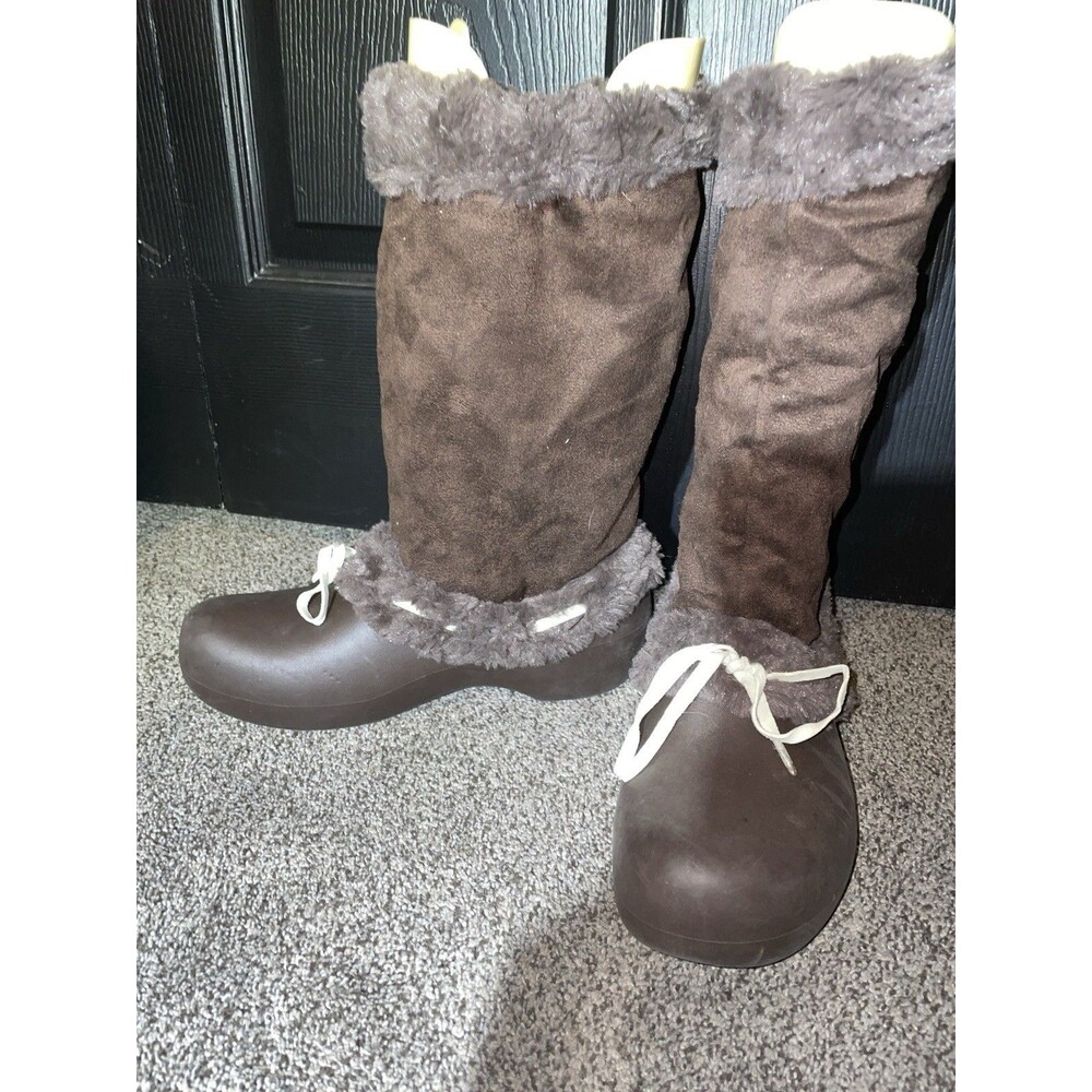 Crocs Nadia Brown Faux Fur Tall Winter Boots Womens 9 Fold Over